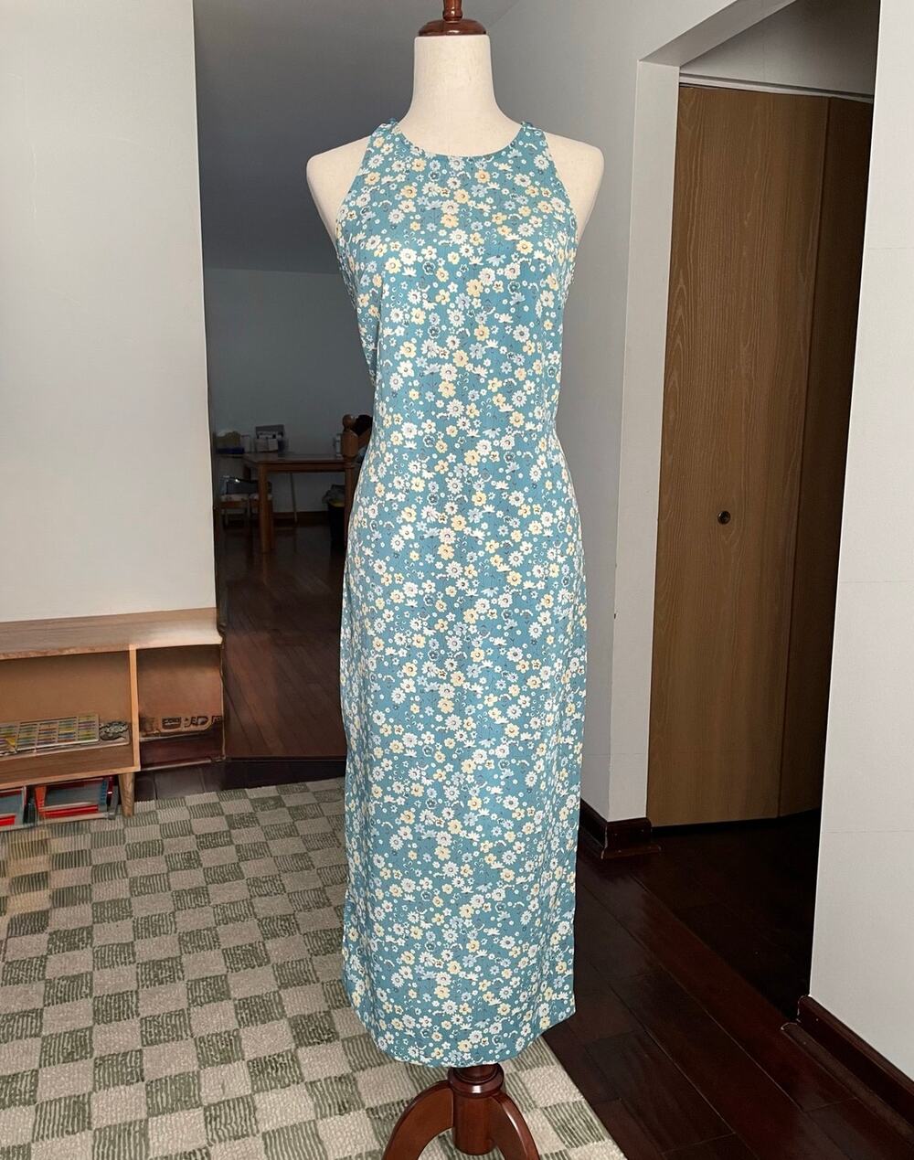 Vintage 90s Y2K Floral Maxi Dress Size 5 Blue High Neck Sleeveless Cottage Fairy